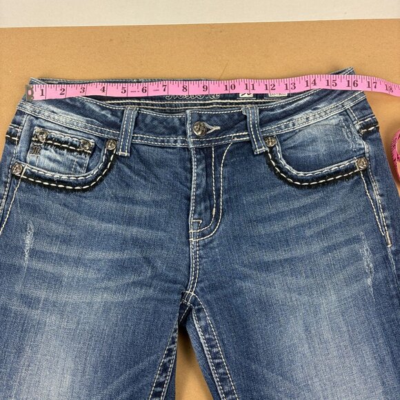 Miss Me Easy Boot Bling Flap Pocket Jeans Womens 30 Medium Wash Blue JE566ZER - Picture 5 of 11